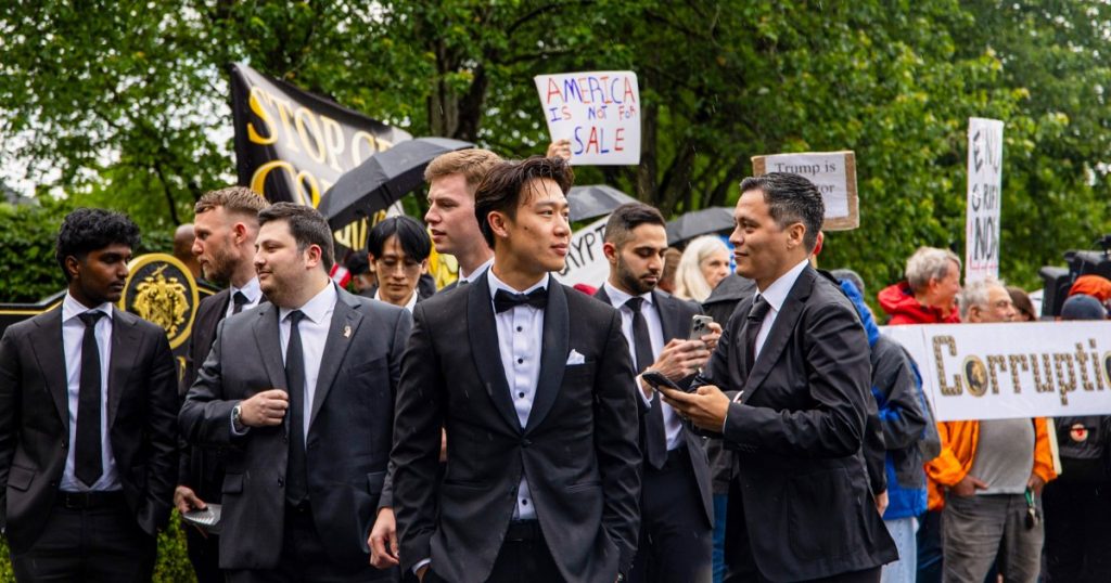 Outside Trump’s meme coin dinner: Tuxedos, luxury SUVs and a protest