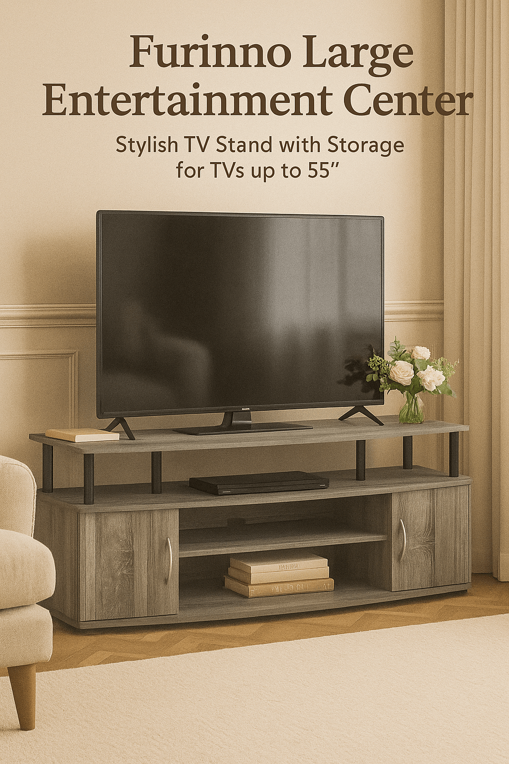 Furinno JAYA Large Entertainment Stand for TV Up to 55 Inch, French Oak Grey/Black