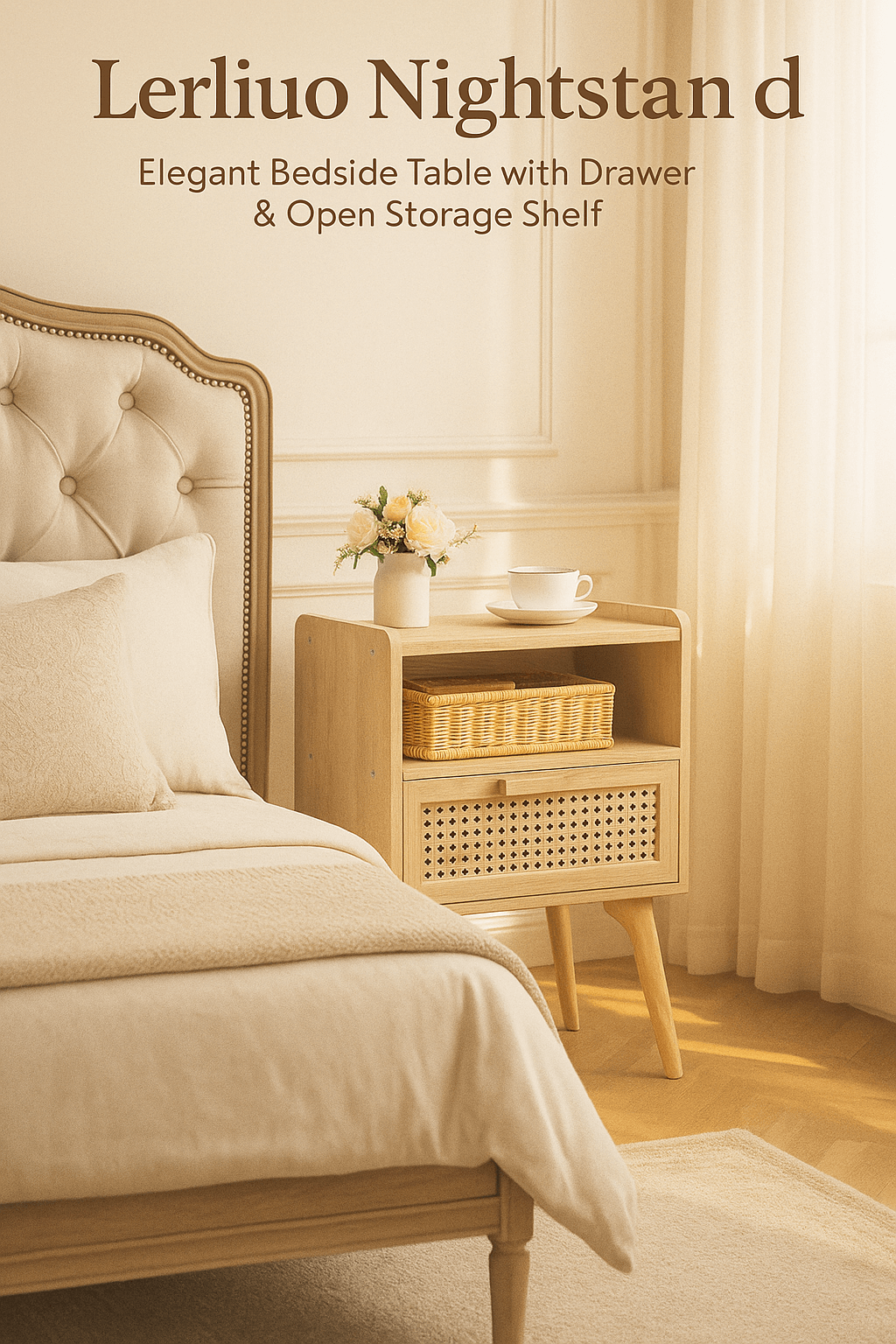 Lerliuo Rattan Nightstand, Boho Side Table with Drawer Open Shelf, Cane Accent Bedside End Table with Solid Wood Legs for Bedroom, Dorm and Small Spaces (Natural)